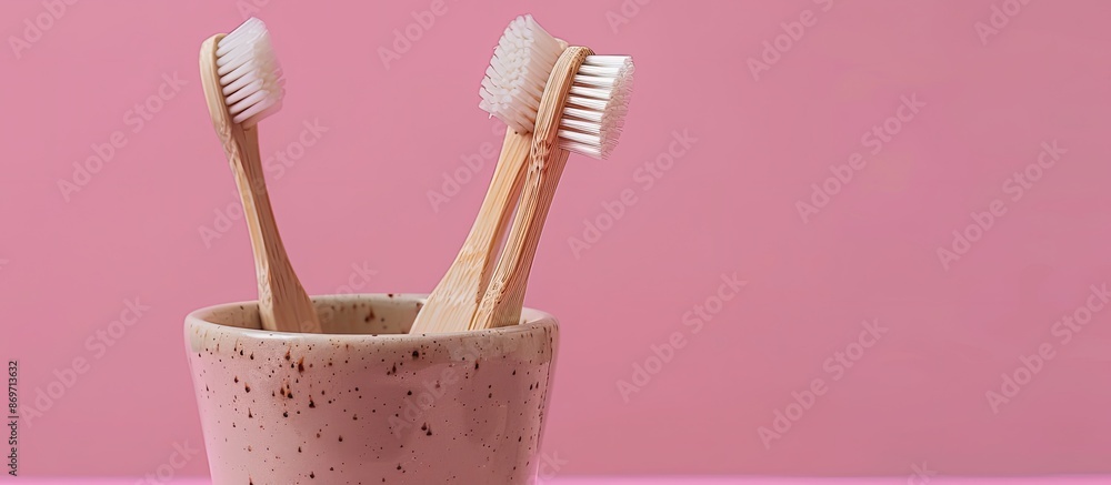 Poster Eco-friendly bamboo toothbrushes displayed in a ceramic glass on a pink surface, emphasizing a zero-waste message with copy space image available.