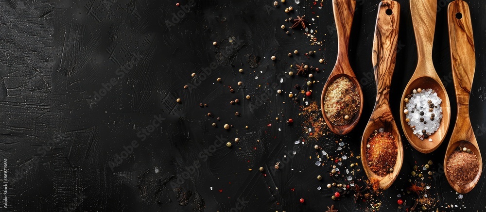 Poster Top view of wooden spoons filled with dry spices on a black background with room for a copy space image.