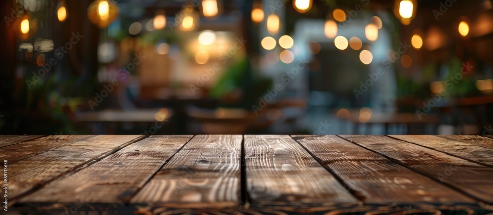 Fototapete dark wooden table with no objects against a blurry restaurant background; suitable for displaying pr