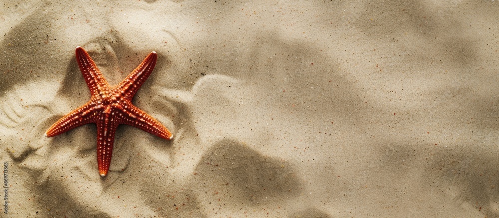 Aufkleber Beach holiday theme captured in a top view flat lay image with a starfish on light sandy texture, emphasizing a summer concept with ample copy space.