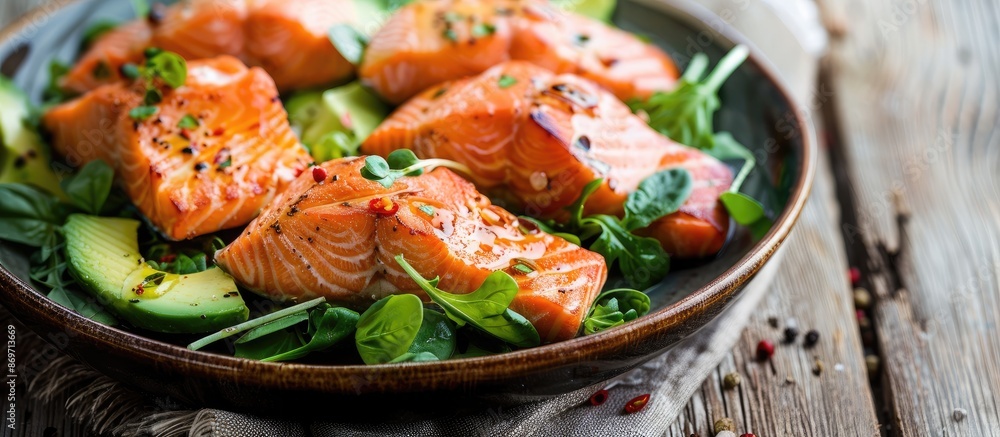 Aufkleber Salmon and avocado salad presented on a quaint wooden table with a blank area for additional image content.