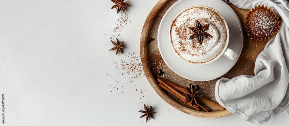 Poster a cup of coffee rests on a tray next to a cake with cinnamon and anise, set against a white backgrou