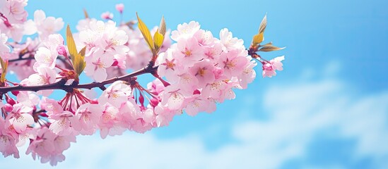 Cherry blossoms on a sakura tree blooming against a blue sky with a close-up view and space for text or images.