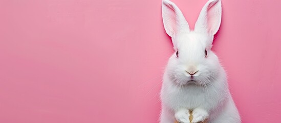 Obraz premium Easter symbol: white rabbit on pink background with copy space image.
