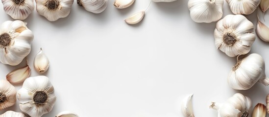 Obraz premium Black garlic frame on a white backdrop with copy space image.