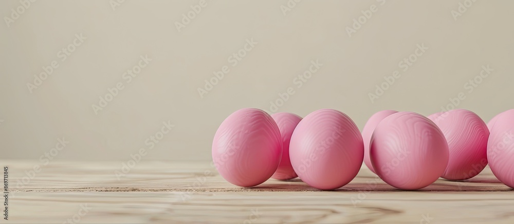 Aufkleber Pink Easter eggs displayed on a wooden table, set against a neutral beige backdrop, with ample space for adding text in the image.