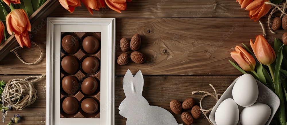 Poster an easter-themed composition featuring chocolate eggs, a bunny, tulips, and a white frame on a woode