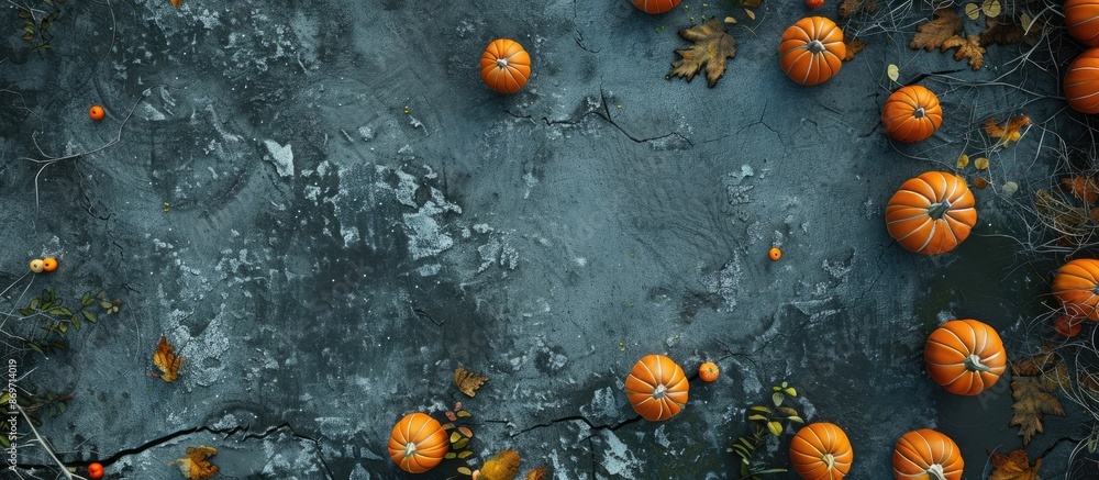 Poster a halloween-themed background with pumpkins on a stone surface seen from above, featuring a blank ar