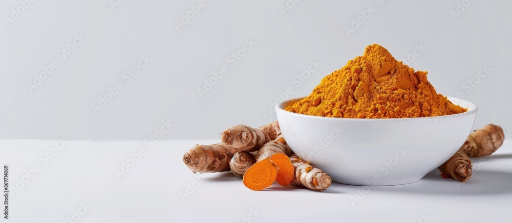 Poster Turmeric roots and powder showcased in a white bowl with a white backdrop, creating a visually appealing copy space image.
