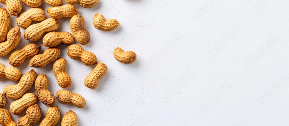 Poster Isolated peanuts on a white background, ideal for a close-up snack nuts image with room for text, perfect for a copy space image.