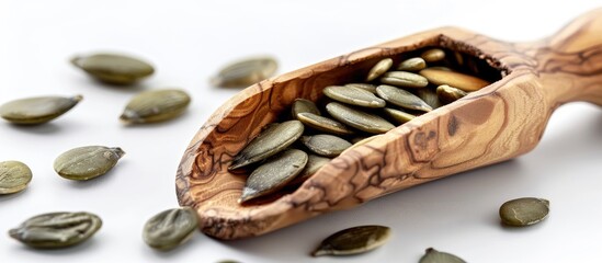 Close-up of organic pumpkin seeds in a wooden scoop on a white background with selective focus, portraying a healthy food concept in the copy space image.