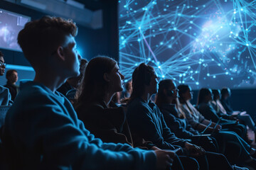 futuristic digital technology college students in th audience listening to the teacher