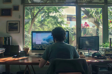 Fototapeta premium From his minimalist home office, a Brazilian freelancer is deeply engrossed in designing a website, his attention focused intently on the screen