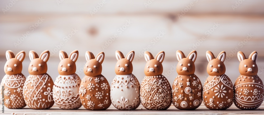 Poster Gingerbread eggs and rabbits with sugar glaze displayed on a light wooden backdrop providing a charming copy space image.