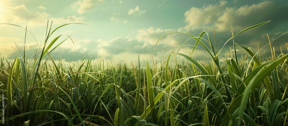 Poster capture a detailed image of sugarcane plants thriving in a field with plenty of space for additional