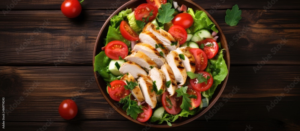 Poster Chicken salad with vegetables and tomatoes on a wooden surface with blank space for text, often referred to as a copy space image.