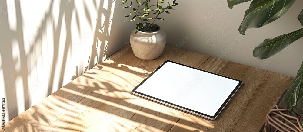 Fototapete digital tablet mockup with a white screen template placed on a corner of a table, set in natural lig