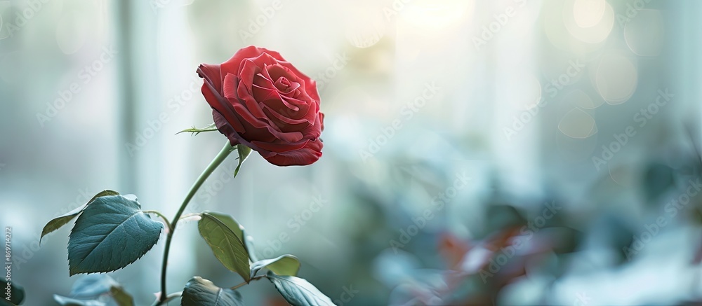 Poster Blurry image of a red rose with ample copy space for text or design in the background for creating ads, scenes, or textures.