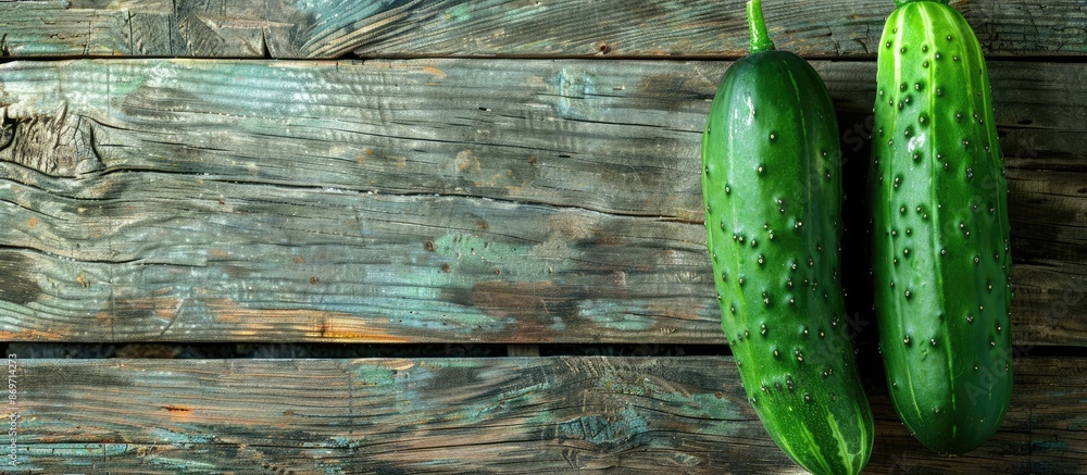 Aufkleber Top-down view of two fresh green cucumbers on a wooden table background, with an empty space for text or a copy space image.