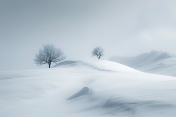 Minimalist snowy landscape with subtle color accents, portraying calm and tranquility.