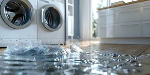 Washing machine leaking at home in need of repair service. Concept Appliance Repair, Washing Machine, Leaking Issue, Home Repair Service