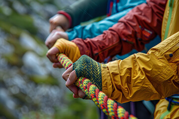 In a poignant close-up, climbers' hands tightly grip a rope, symbolizing the strength and unity forged through their shared endeavor