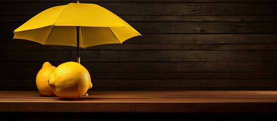 Umbrella-adorned lemon on a wooden table with a spacious area for additional image elements.