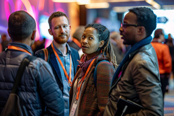 Fototapeta premium In the bustling conference hall, a group of people stand closely together, immersed in animated conversations and networking