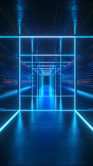 3D rendering of empty blue neon tunnel