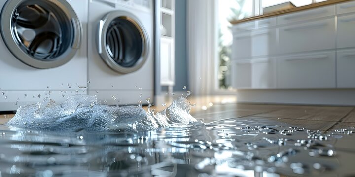 Washing machine leaking at home in need of repair service. Concept Appliance Repair, Washing Machine, Leaking Issue, Home Repair Service - Powered by Adobe