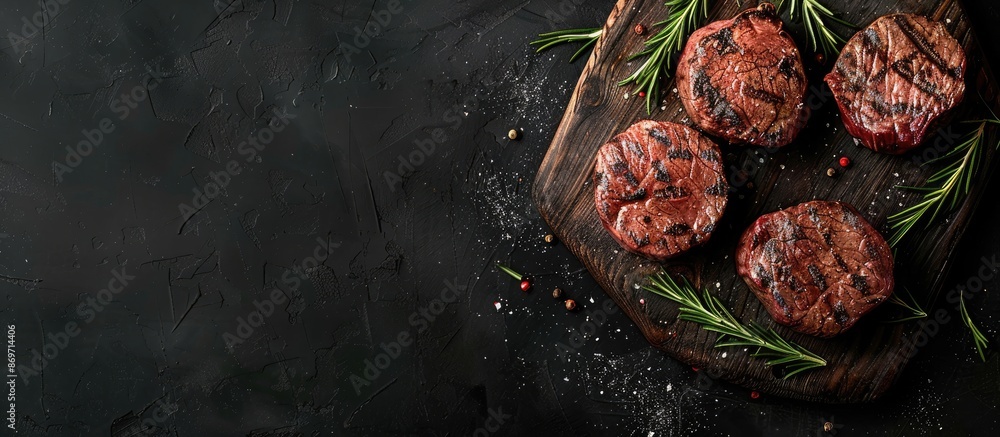 Poster fresh filet mignon steaks with rosemary on a wooden board over a black background. organic ingredien