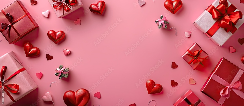 Poster valentine's day themed background featuring red hearts, gift boxes, and a pink backdrop with space f