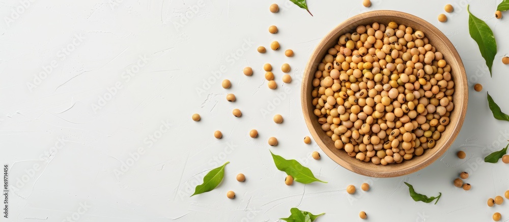 Poster healthy concept with soybeans in a bowl on a white table background, providing copy space image.