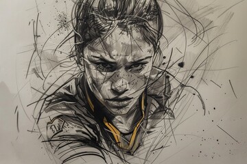 A powerful black and white sketch captures the action of a female rugby player, her form accentuated by bold scribbles and subtle gold accents,