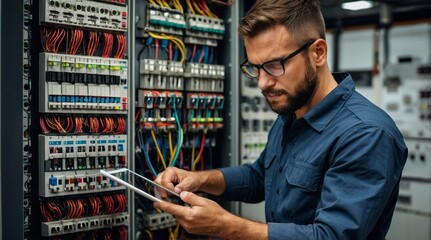 Man an electrical technician working in a switchboard