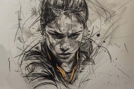 A powerful black and white sketch captures the action of a female rugby player, her form accentuated by bold scribbles and subtle gold accents,