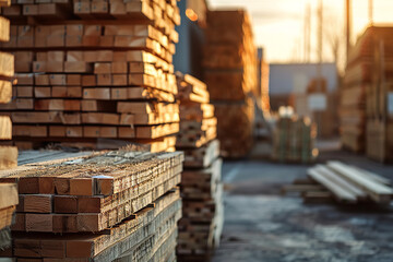 Piles of wooden boards are stacked in a warehouse at a sawmill outdoors. The scene captures the raw materials used for sawing and processing, highlighting the industrial setting of lumber production