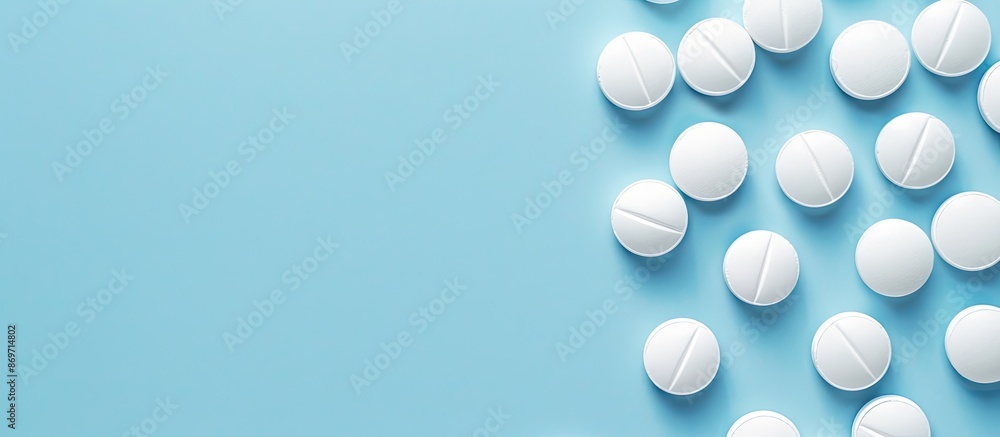 Aufkleber top-down macro view of several white medical pills on a blue backdrop, providing ample copy space fo