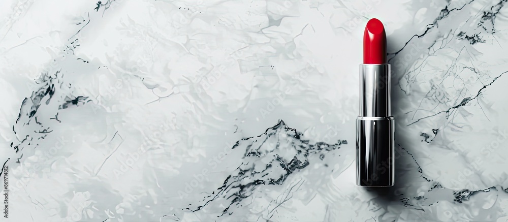 Poster an ideal composition for advertising cosmetics featuring a red lipstick in a black and silver tube, 