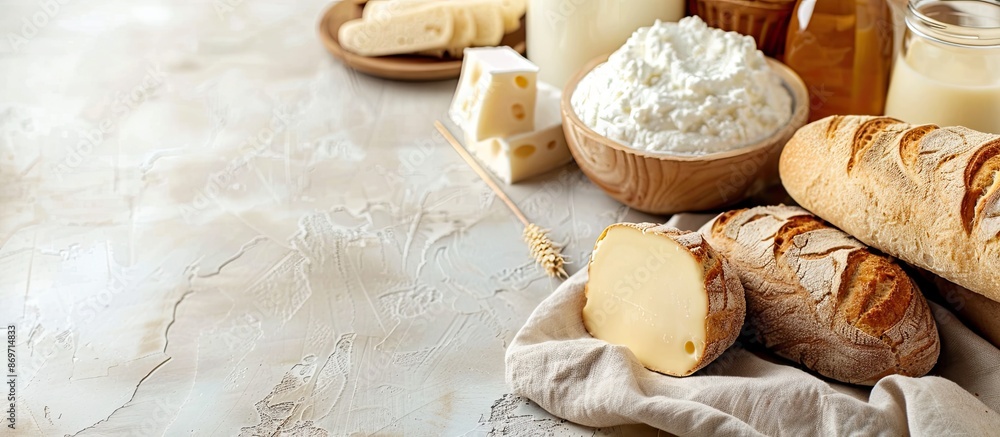 Poster Dairy products and bread displayed on a light backdrop with copy space image.
