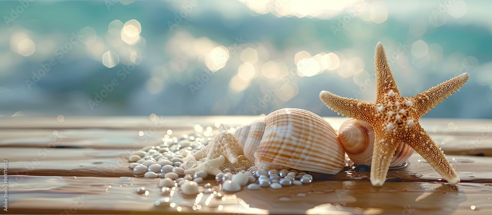 Aufkleber starfish and shell on the light deck with copy space image.