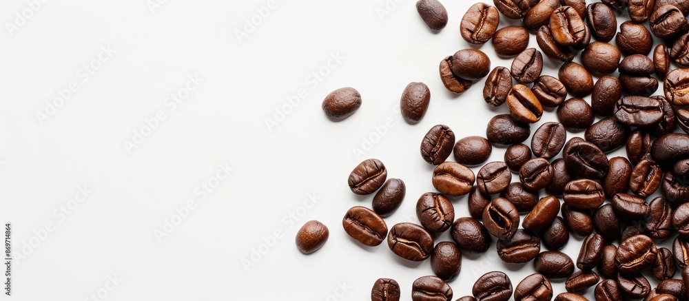 Poster close-up of roasted coffee beans on a white background with copy space image.