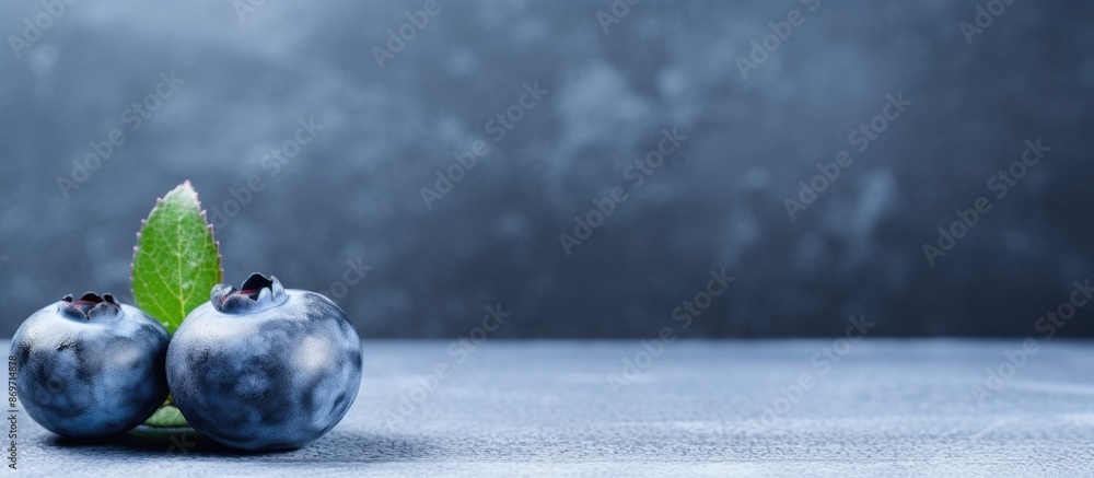 Aufkleber close-up macro image of a blueberry on a table against a blue concrete background, designed with spa