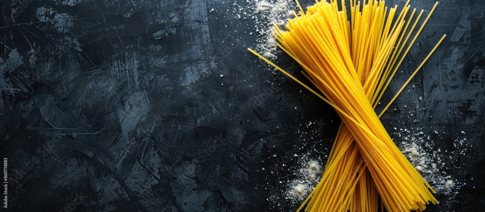 Poster top view of yellow raw spaghetti bolognese on a black concrete background, emphasizing italian food 