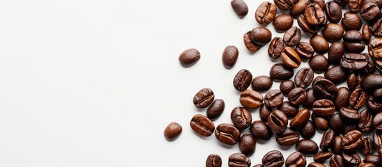 Naklejka premium Close-up of roasted coffee beans on a white background with copy space image.