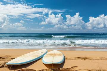 Obraz premium Two surfboards lie on the beach, resting on the golden sand. The serene ocean waves in the background suggest a day of surf and sun