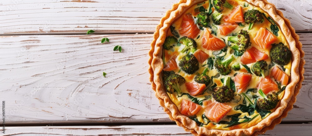 Poster top-down view of a quiche tart containing smoked salmon, broccoli, and spinach on a white wooden bac