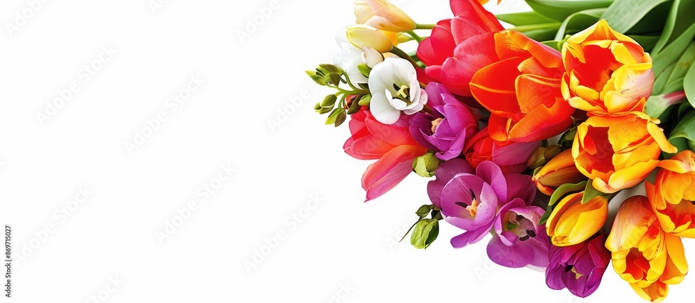 Poster Spring flowers like tulips and freesias arranged in a colorful bouquet on a white background with room for text or other elements in the image.