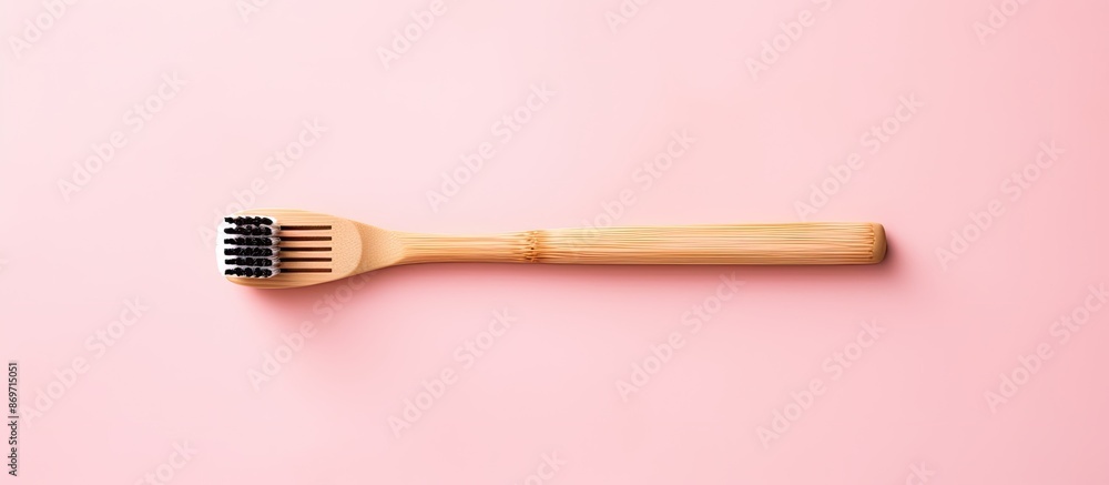 Poster Top view of a bamboo toothbrush with an ecological concept displayed on a light pink background, featuring ample copy space image.