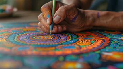 Naklejka premium Close-up of hands drawing a colorful mandala, intricate details with soft lighting, right third copy space